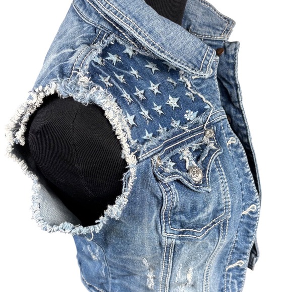 Miss Me Y2K Rhinestone American Flag Distressed Denim Vest Med Festival Cowgirl - Picture 10 of 14